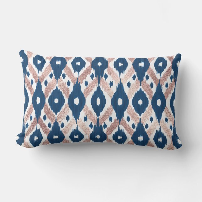 Artsy Modern Rose Gold Navy Blue Ikat Geo Lumbar Pillow (Front)