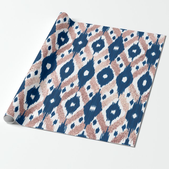 Artsy Modern Rose Gold Navy Blue Ikat Geo Wrapping Paper (Unrolled)