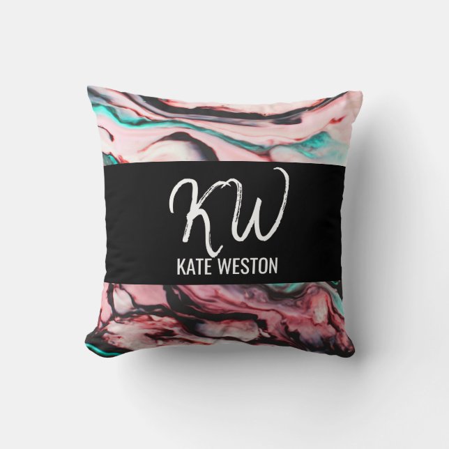 Artsy Modern Teal Pink Black Marble Paint Monogram Throw Pillow (Front)