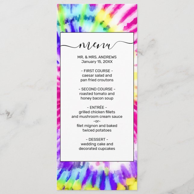 Artsy Neon Rainbow Tie Dye Watercolor Pattern Menu (Front)