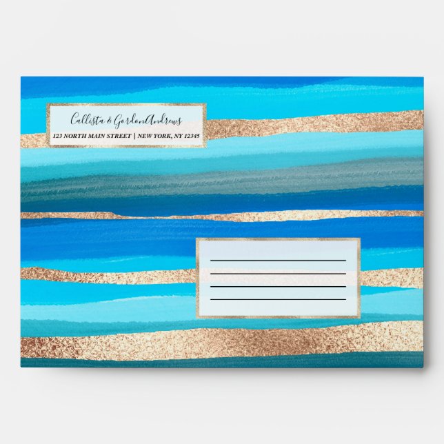 Artsy Ocean Aqua Blue Gold Abstract Paint Stripes Envelope (Front)