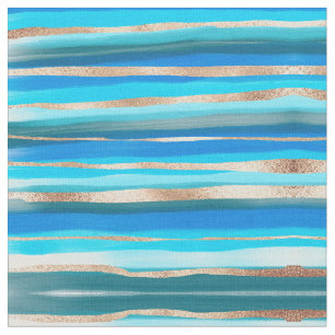 Artsy Ocean Aqua Blue Gold Abstract Paint Stripes Fabric