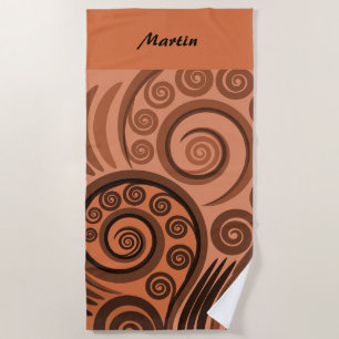 Artsy Orange-Brown Koru Fern Frond Pattern Beach Towel