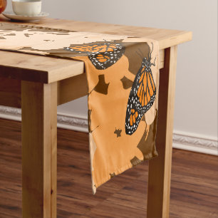 Artsy Orange Monarch Butterfly & Floral Pattern Long Table Runner
