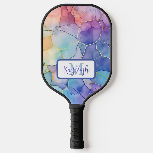 Artsy Pale Rainbow Alcohol and Ink Monogrammed Pickleball Paddle (Front)