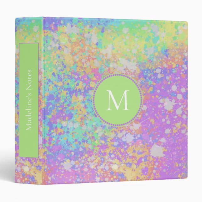 Artsy Pastel Paint Splatters Purple Green Monogram Binder (Front/Spine)