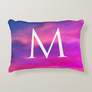 Artsy Pink Blue Clouds Abstract Sky Monogram Accent Pillow