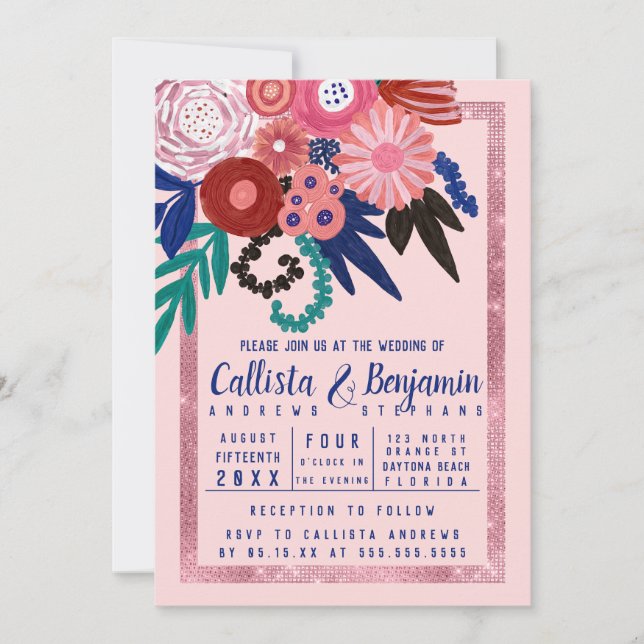 Artsy Pink Blue Red Glitter Floral Acrylic Wedding Invitation (Front)