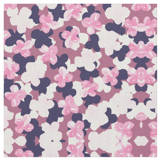 Artsy Pink Navy Blue Watercolor Floral Pattern Fabric (Close Up)