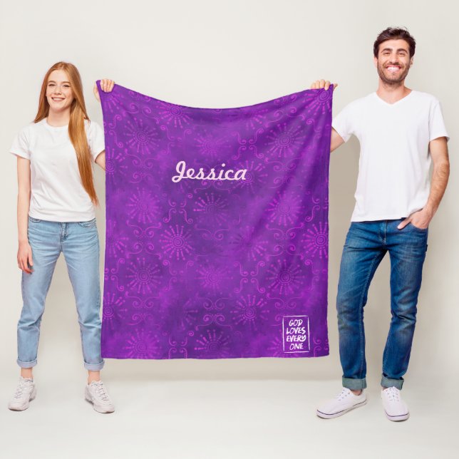 Artsy purple floral batik God loves every1 custom Fleece Blanket (In Situ)