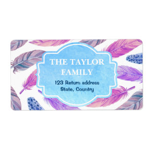 Artsy Purple watercolor feathers family address