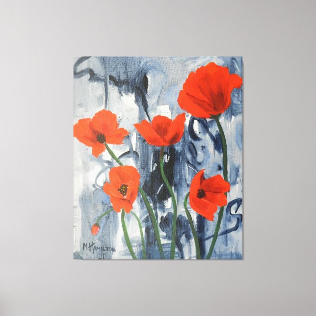 Artsy Red Poppies Modern Grey Abstract Canvas Print (Front)