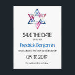 Artsy Star of David Bar Bat Mitzvah Save The Date Announcement Postcard<br><div class="desc">The Star of David in shades of pink and blue in an artistic grungy texture is printed on Bar & Bat Mitzvah save the date postcards. For either your son or daughter. All the default text(sample info) can be fully customized with your own wordings, and you can also change the...</div>