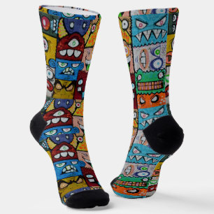 Artsy street art cartoon illustration monster face socks