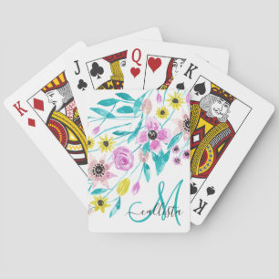 Artsy Summer Flowers Leaves Watercolor Monogram Playing Cards