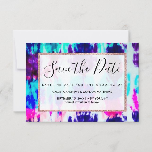 Artsy Summer Pink Blue Colourful Tie Dye Pattern Save The Date (Front)