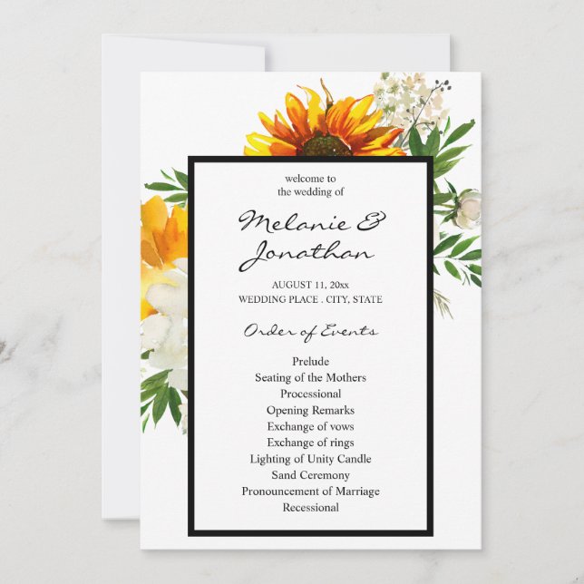 Artsy Sunflower Floral Wedding Ceremony Program (Front)
