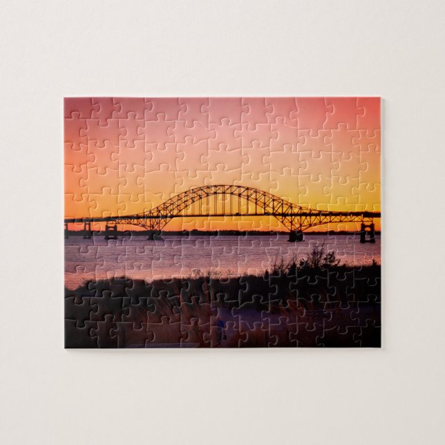 Artsy Sunset at the Beach and Robert Moses Bridge Jigsaw Puzzle (Horizontal)