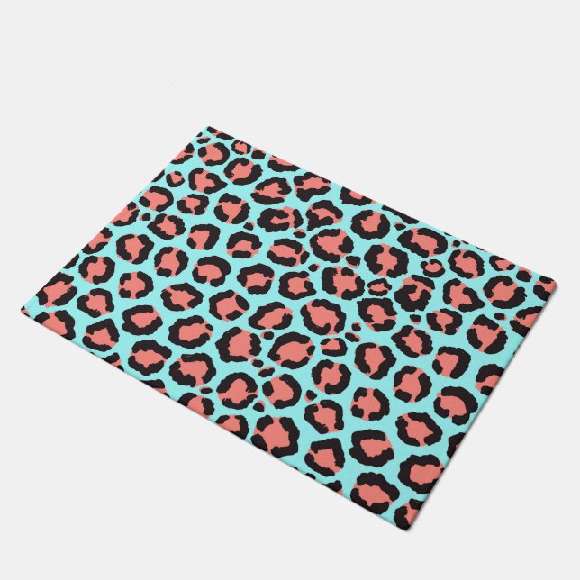 Artsy Trendy Coral Mint Teal Leopard Animal Print Doormat (Angled)