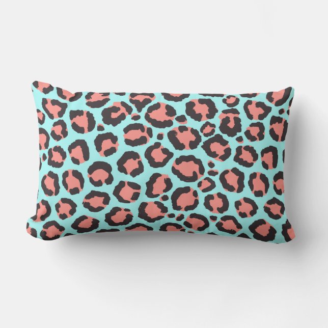Artsy Trendy Coral Mint Teal Leopard Animal Print Lumbar Pillow (Front)