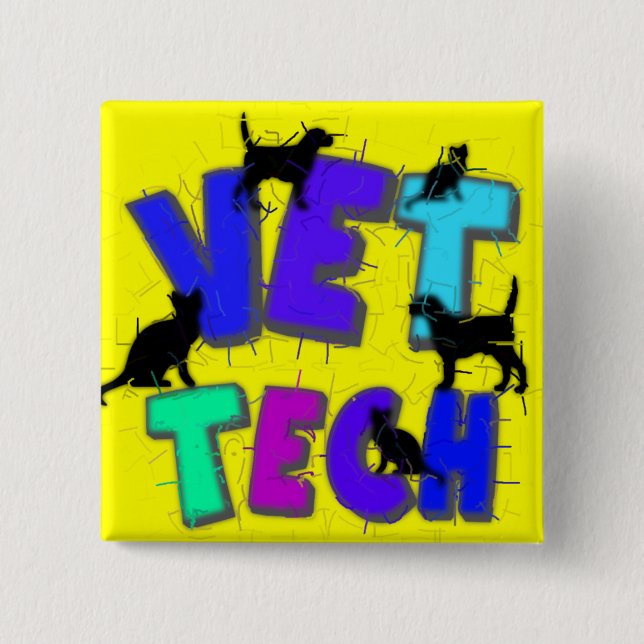 Artsy Vet Tech Gifts, Unique artist drawn design 2 Inch Square Button (Front)