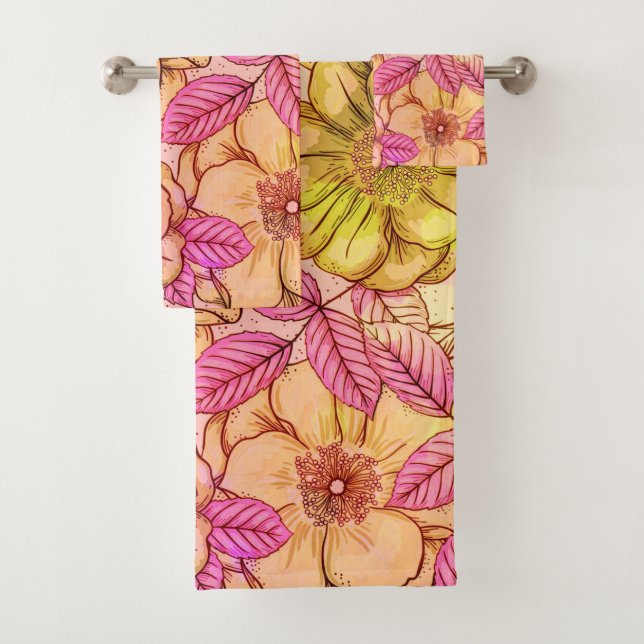 Artsy Victorian Pink Tone Floral Pattern Bath Towel Set (Insitu)