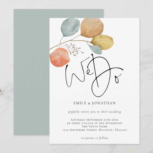 Artsy Watercolor Leaves We Do Artsy Wedding Invitation (Front/Back)