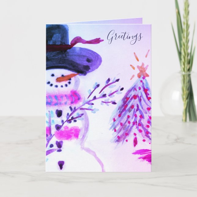 Artsy Watercolor Snowman Folded Holiday Card (Front)