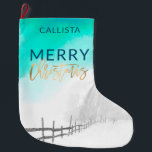 Artsy Winter Gold Teal White Landscape Christmas Large Christmas Stocking<br><div class="desc">This artsy and elegant Christmas holiday stocking is the perfect design for your seasonal event. It features a beautiful and majestic teal green and blue sky with white puffy clouds and snowy winter country landscape alongside faux printed gold typography, "Christmas." It's pretty, modern, and unique! ***IMPORTANT DESIGN NOTE: For any...</div>