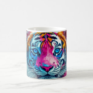 artwork of a tiger with vibrant, neon-colored fur, coffee mug