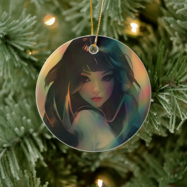 Artwork of Anime Girl Surrounded by Rainbow Light Ceramic Ornament (Tree)
