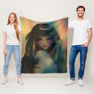 Artwork of Anime Girl Surrounded by Rainbow Light Fleece Blanket
