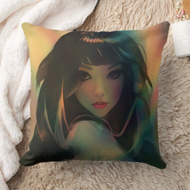 Artwork of Anime Girl Surrounded by Rainbow Light Throw Pillow (Blanket)