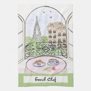 Artwork Whimsical Paris Eiffel Tower French Chef Kitchen Towel
