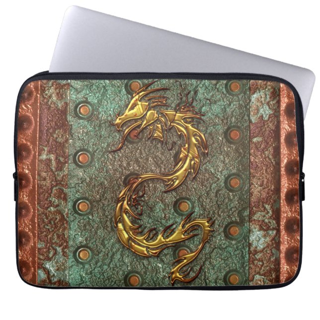 Arty 3D-look Asian Dragon on Metal Laptop Sleeve (Front)