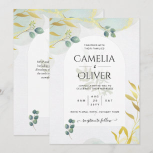 Arty Botanical Greenery Gold Wedding Invitation