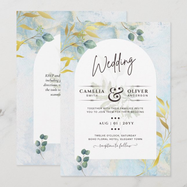 Arty Botanical Greenery Gold Wedding Invitation (Front/Back)