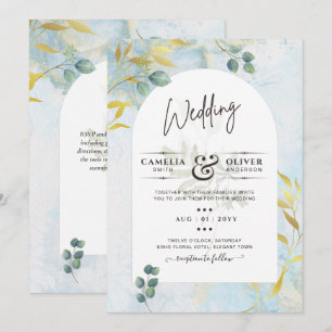 Arty Botanical Greenery Gold Wedding Invitation