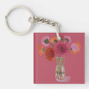 Arty Gerbera Colourful Flower +Custom Name Keychain