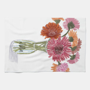 Arty Gerbera Colourful Flower +Custom Name Kitchen Towel