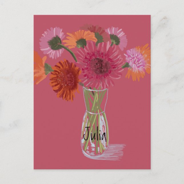 Arty Gerbera Colourful Flower  +Custom Name Postcard (Front)