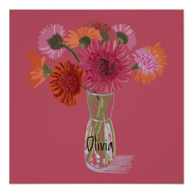 Arty Gerbera Colourful Flower  +Custom Name Poster (Front)