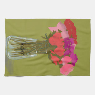 Arty Happy Colourful Flowers In Vase +Custom Name Kitchen Towel