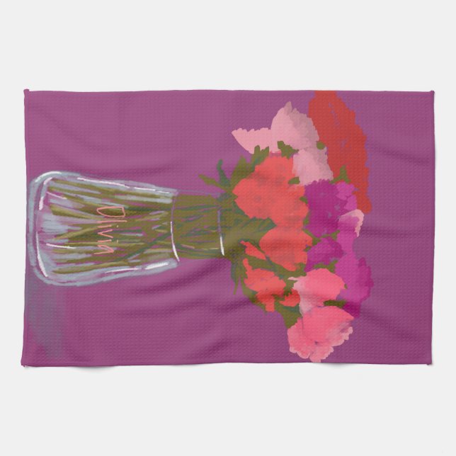 Arty Happy Colourful Flowers In Vase  +Custom Name Kitchen Towel (Horizontal)