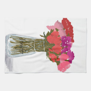 Arty Happy Colourful Flowers In Vase  +Custom Name Kitchen Towel