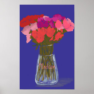 Arty Happy Colourful Flowers In Vase +Custom Name Poster