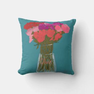 Arty Happy Colourful Flowers In Vase +Custom Name Throw Pillow