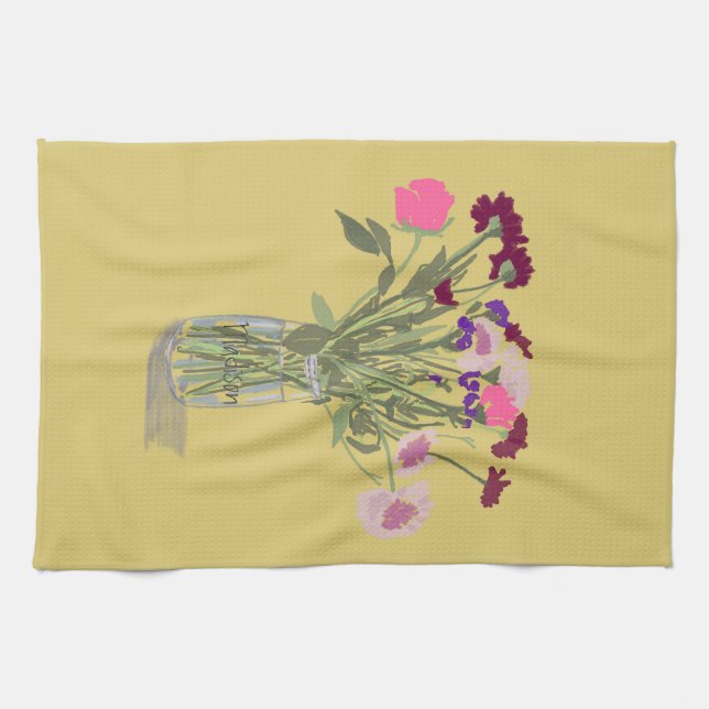 Arty Happy Colourful Wildflowers  +Custom Name Kitchen Towel (Horizontal)