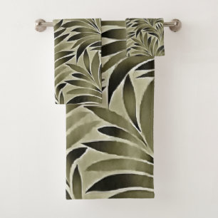 Arty Leaves In Dull Green Grey Kkaki Colour Bath Towel Set