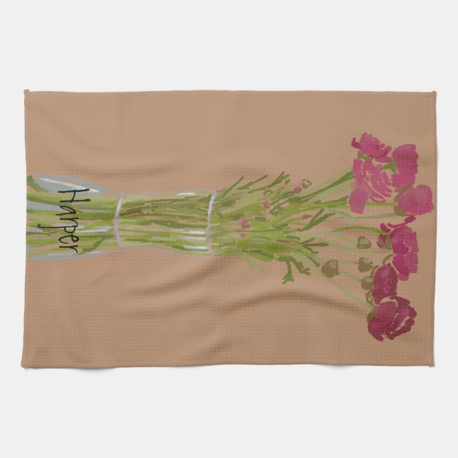 Arty Ranunculus Colourful Flower  +Custom Name Kitchen Towel (Horizontal)